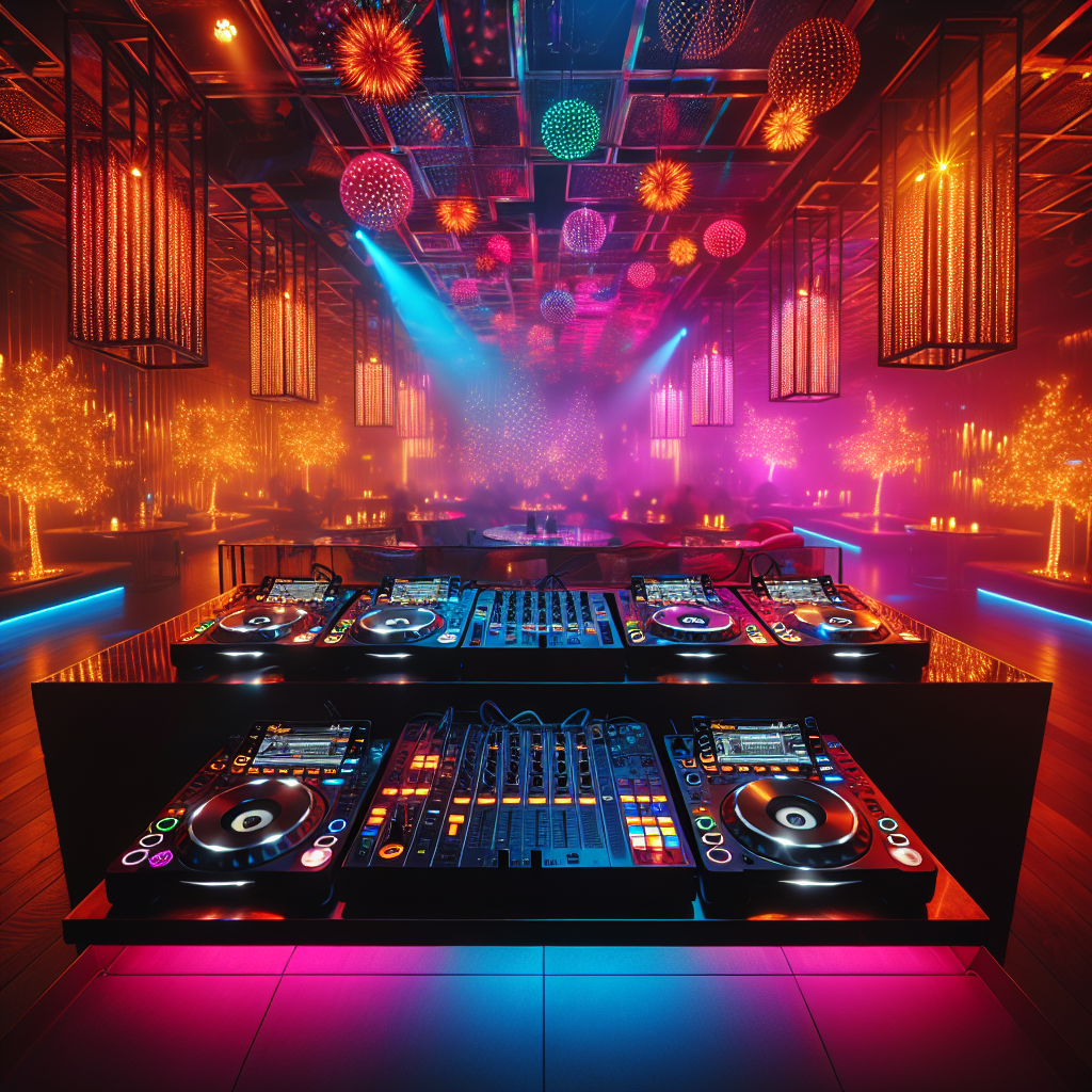 Una escena de un escenario nocturno, con luces vibrantes y mesas de DJ llenas de equipos de música en una discoteca m…