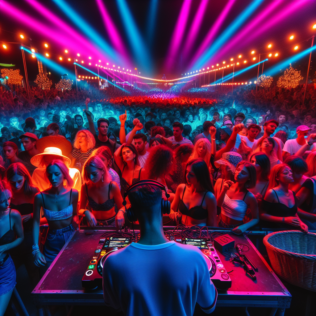 Una escena nocturna en un festival al aire libre con luces LED de colores y una multitud disfrutando de un DJ tocando…