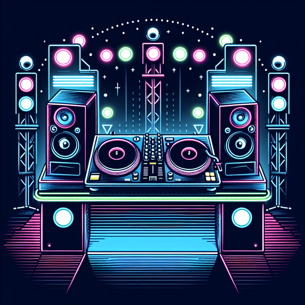 Ilustración estilizada de una cabina de DJ urbana con platos, mezclador y luces de festival en tonos neón, escena mod…
