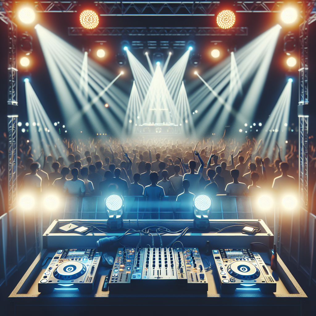 Cabina de DJ urbana iluminada por focos y luces LED en un festival nocturno, vista desde detrás del público sin rostr…