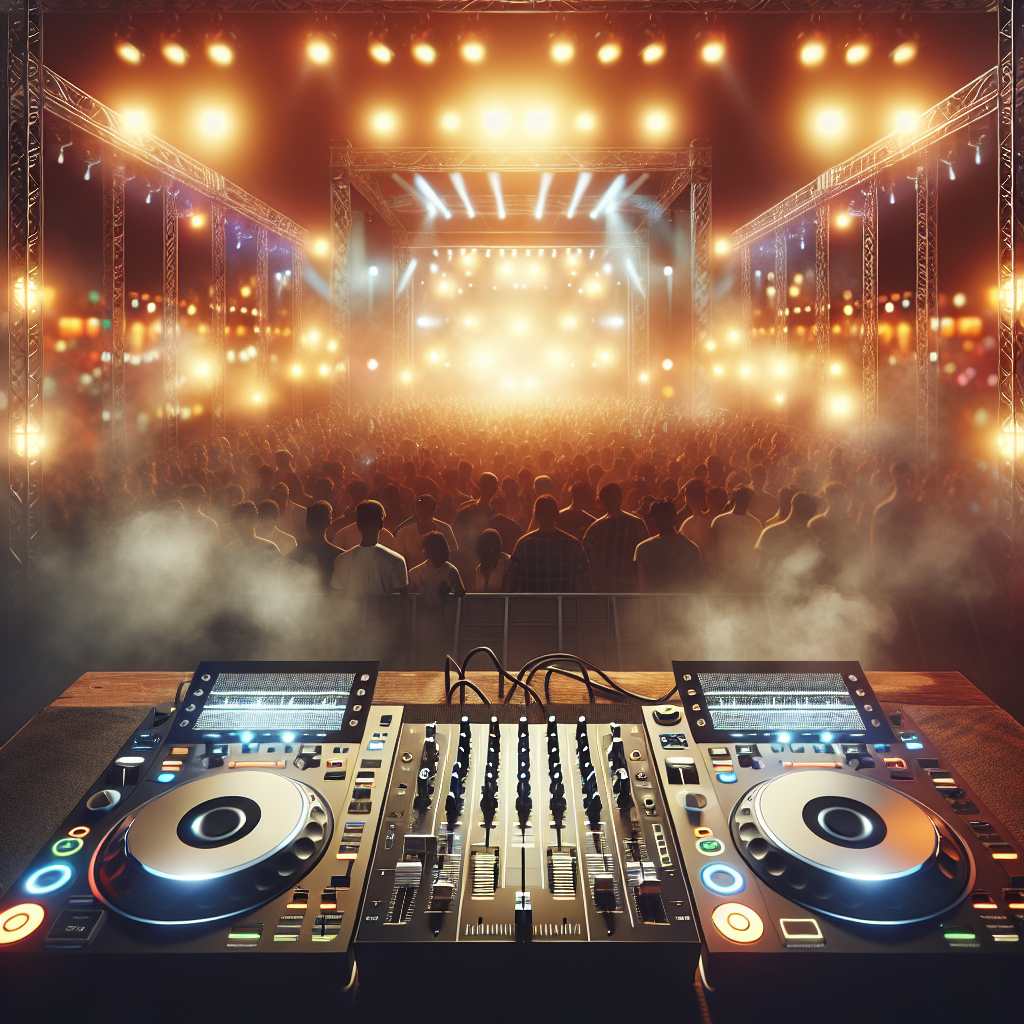 Imagen realista tomada desde detrás del público mostrando una cabina de DJ urbana iluminada con luces de festival y h…