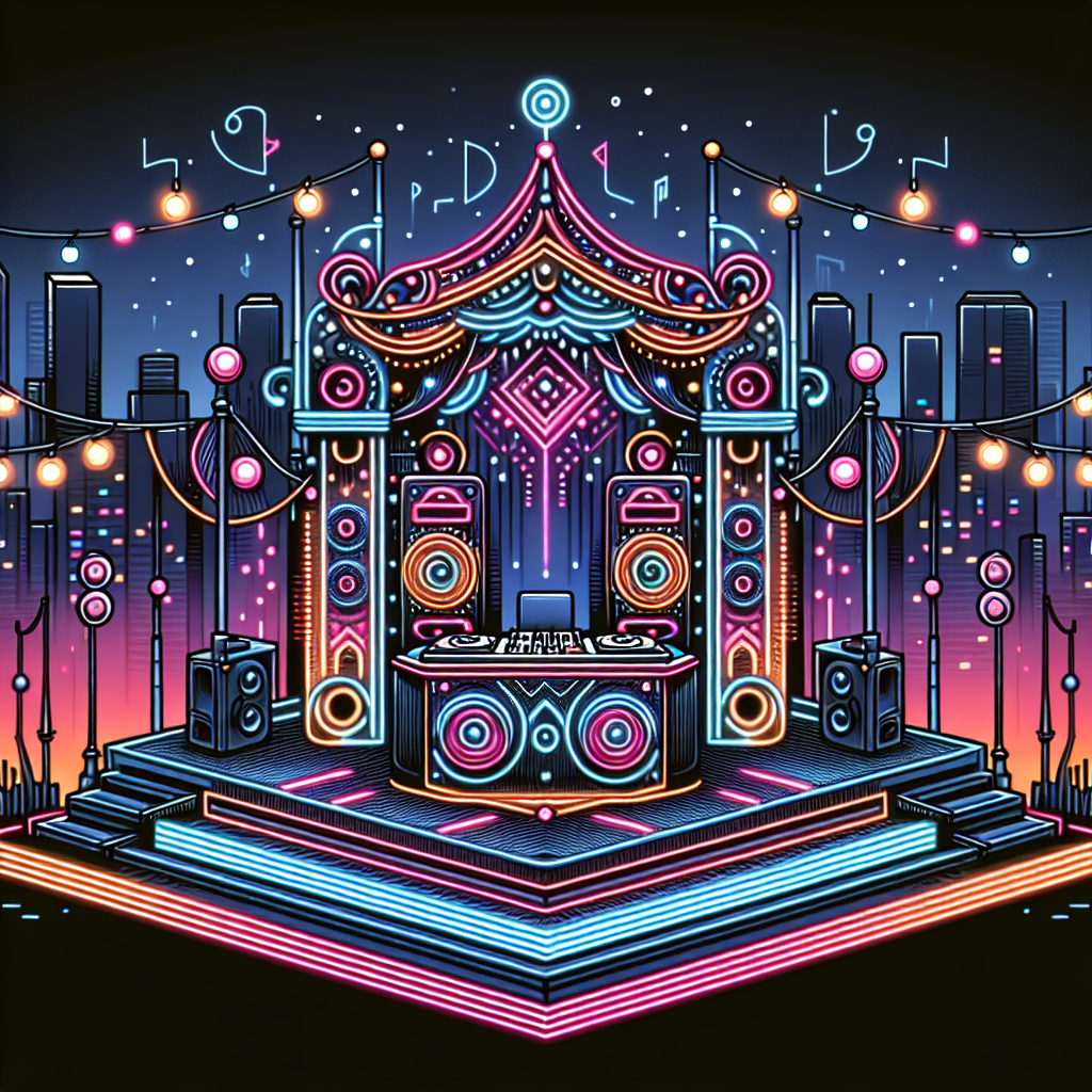 Ilustración estilizada de una cabina de DJ urbano con luces de neón y un escenario de festival vibrante.