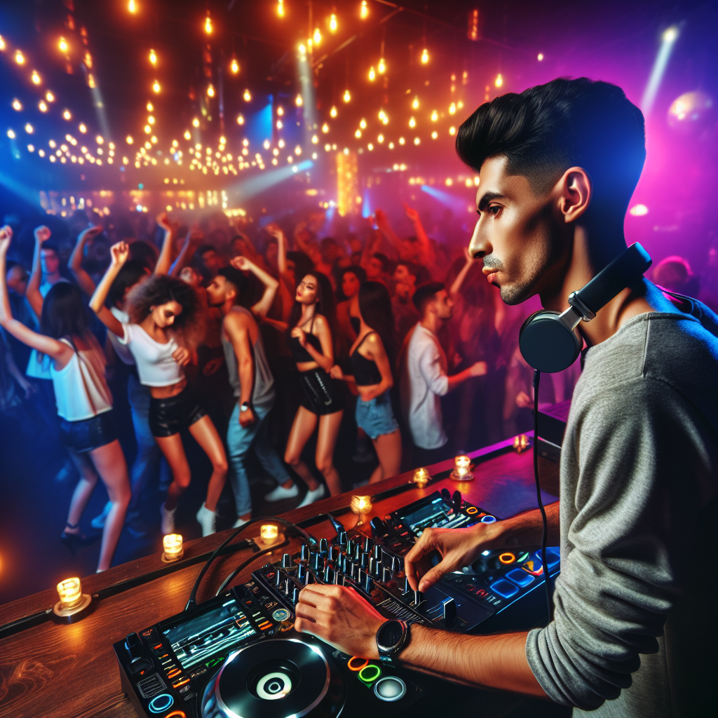 Un DJ en una cabina de mezclas, luces de la discoteca y una multitud bailando, urbano y moderno.