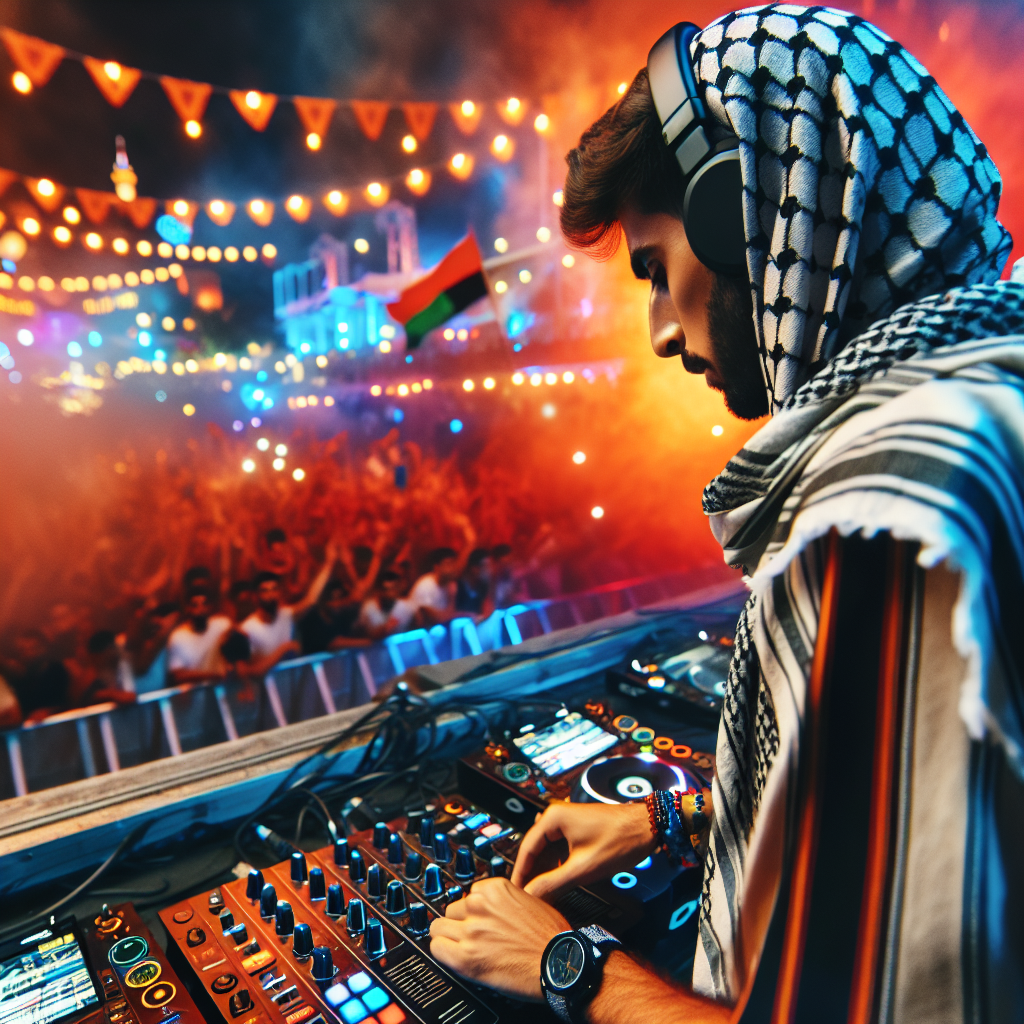 Un DJ urbano tocando en un festival de música al aire libre, con un público vibrante y luces de colores en un entorno…