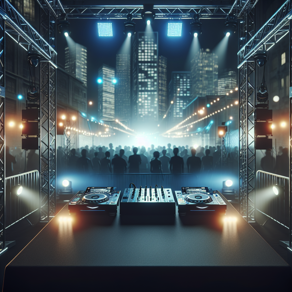 Imagen realista tomada desde detrás de una cabina de DJ urbana con mesas y equipo iluminado por luces de festival, pú…