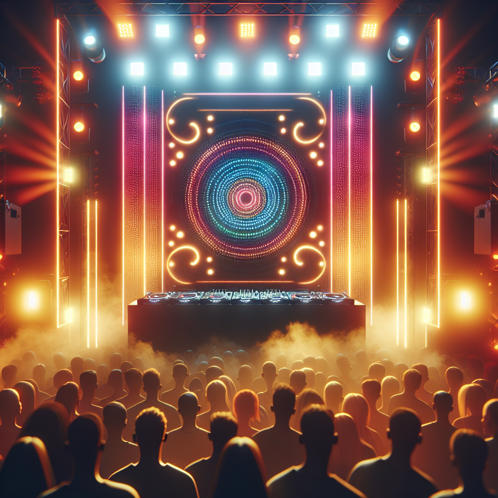 Imagen realista desde atrás del público mostrando una cabina de DJ urbana iluminada con luces cálidas y neón, sin ros…