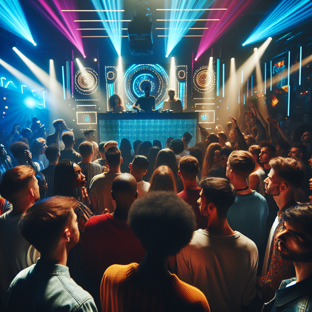 Una multitud vibrante rodeando una cabina de DJ iluminada en una discoteca urbana; juegos de luces y colores vibrante…