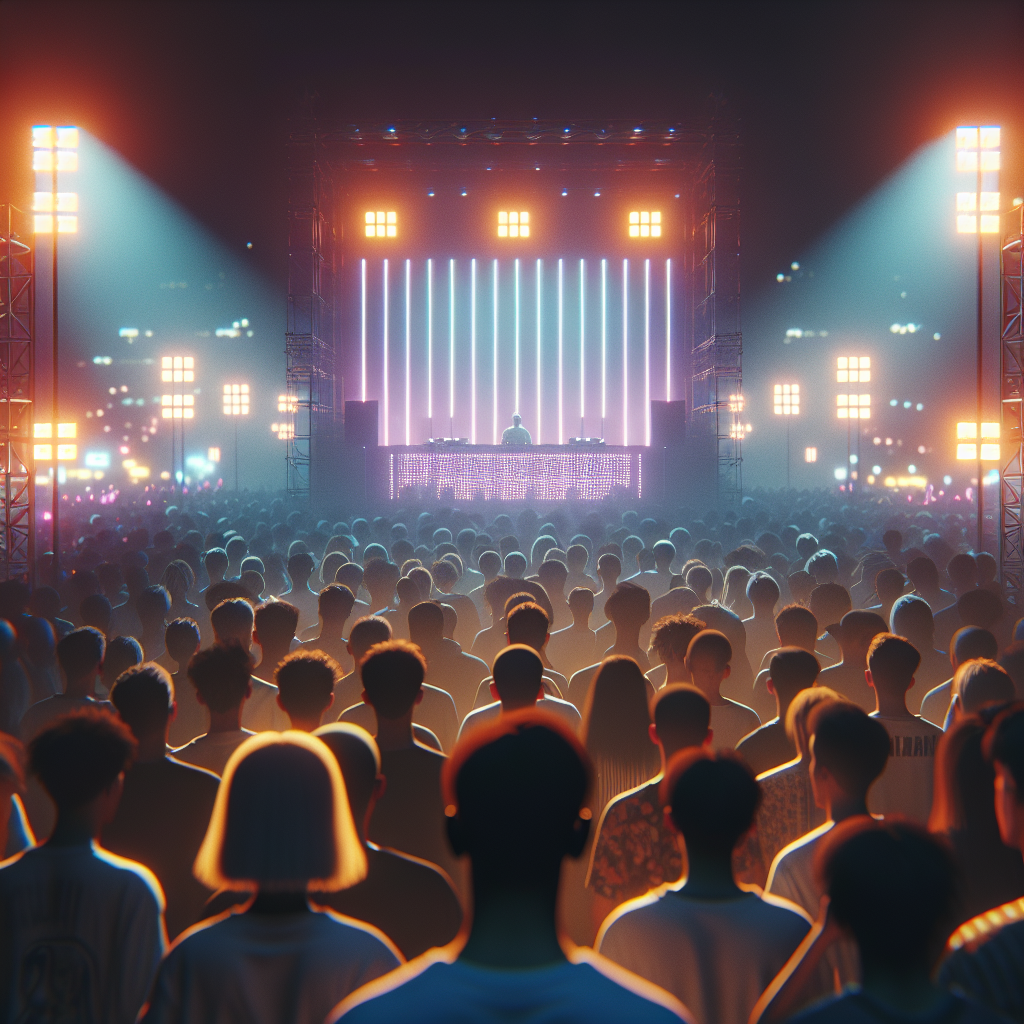 Imagen realista desde detrás del público enfocando una cabina de DJ urbana iluminada con luces neón en un festival no…