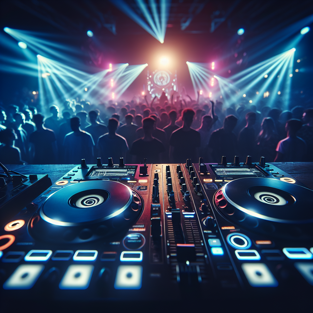 Plataforma de DJ en luces de neón, multitud vibrando al ritmo, enfoque en los altavoces.