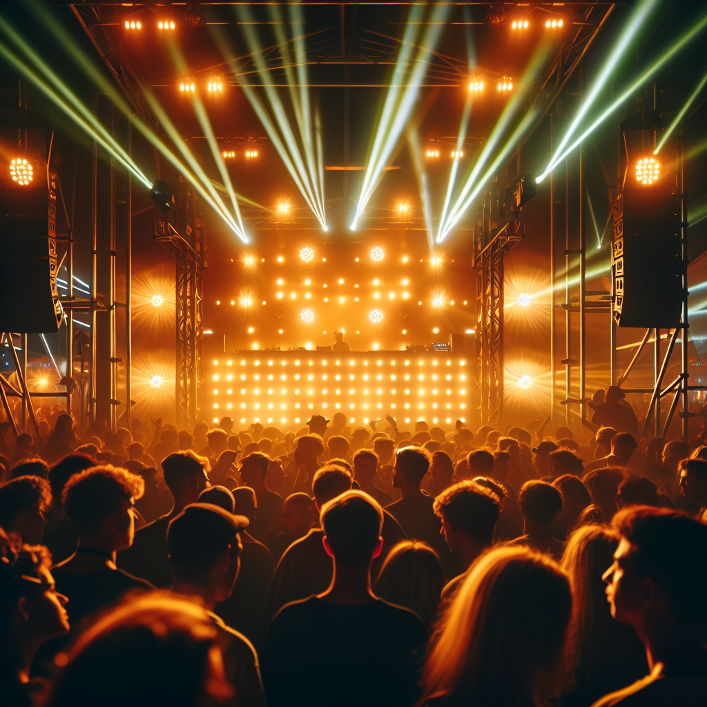 Vista desde detrás del público hacia una cabina de DJ urbana iluminada con luces cálidas y láseres, atmósfera de fest…