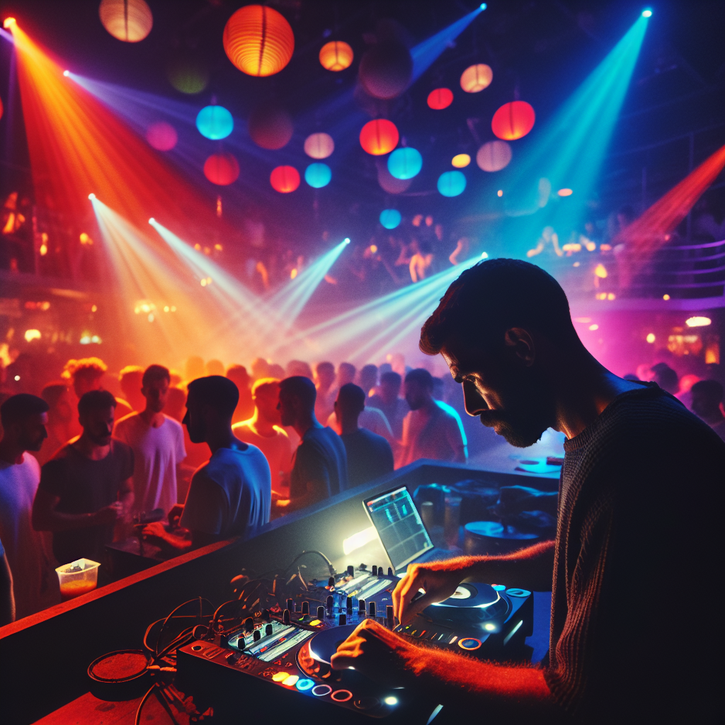 Escena oscura de una discoteca en España, luces de colores, DJ urbano mezclando música con una consola rodeado de una…