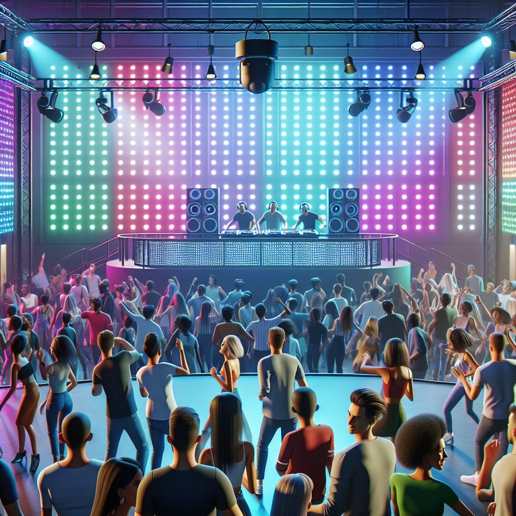 Una cabina de DJ en un club nocturno, luces de colores y una multitud bailando con energía; ambiente urbano y vibrant…