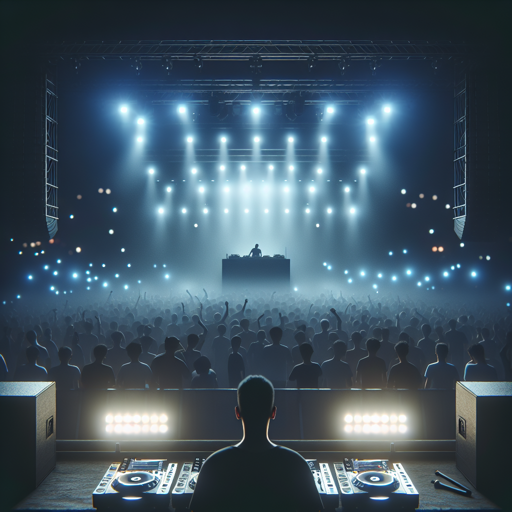 Imagen realista desde detrás del público mostrando la cabina de un DJ urbano en un festival nocturno, luces LED y hum…