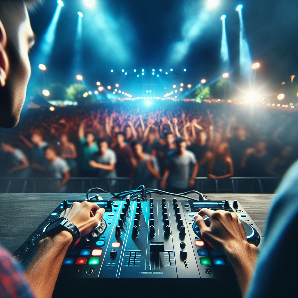Imagen realista desde detrás de la cabina de DJ en un festival urbano nocturno: manos sobre la mesa de mezclas, luces…