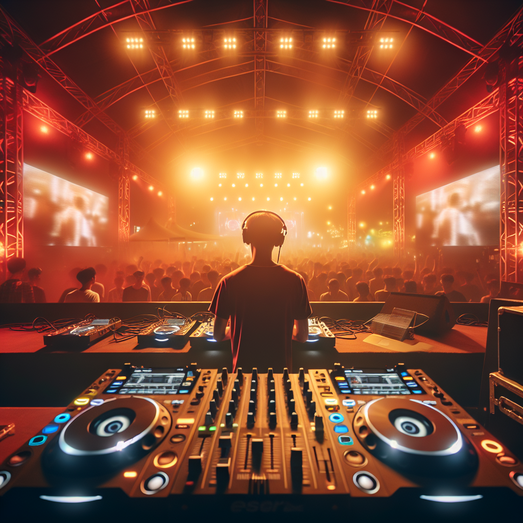 Imagen realista desde detrás de la cabina de DJ en un festival urbano: luces cálidas y neones, equipo de mezcla ilumi…