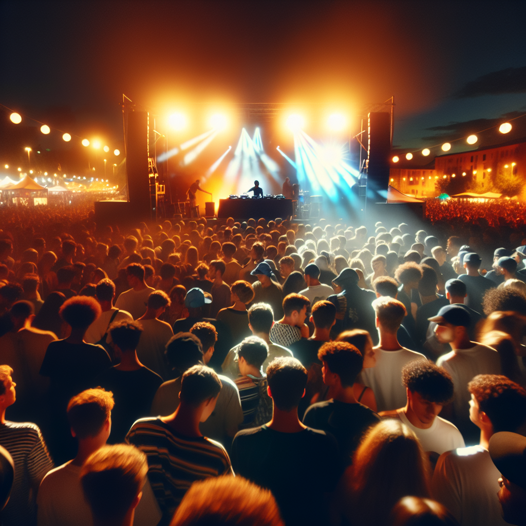Escena nocturna de un festival urbano con luces brillantes, una multitud energética y un DJ en el escenario, sin rost…