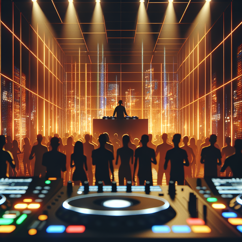 Imagen realista y moderna de una cabina de DJ urbana iluminada con luces cálidas y neón, tomada desde detrás del públ…