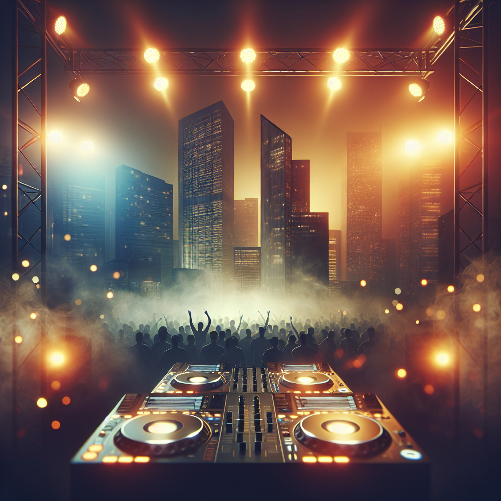 Cabina de DJ urbana iluminada con luces cálidas y frías, vista desde detrás del público con humo y una ciudad desenfo…