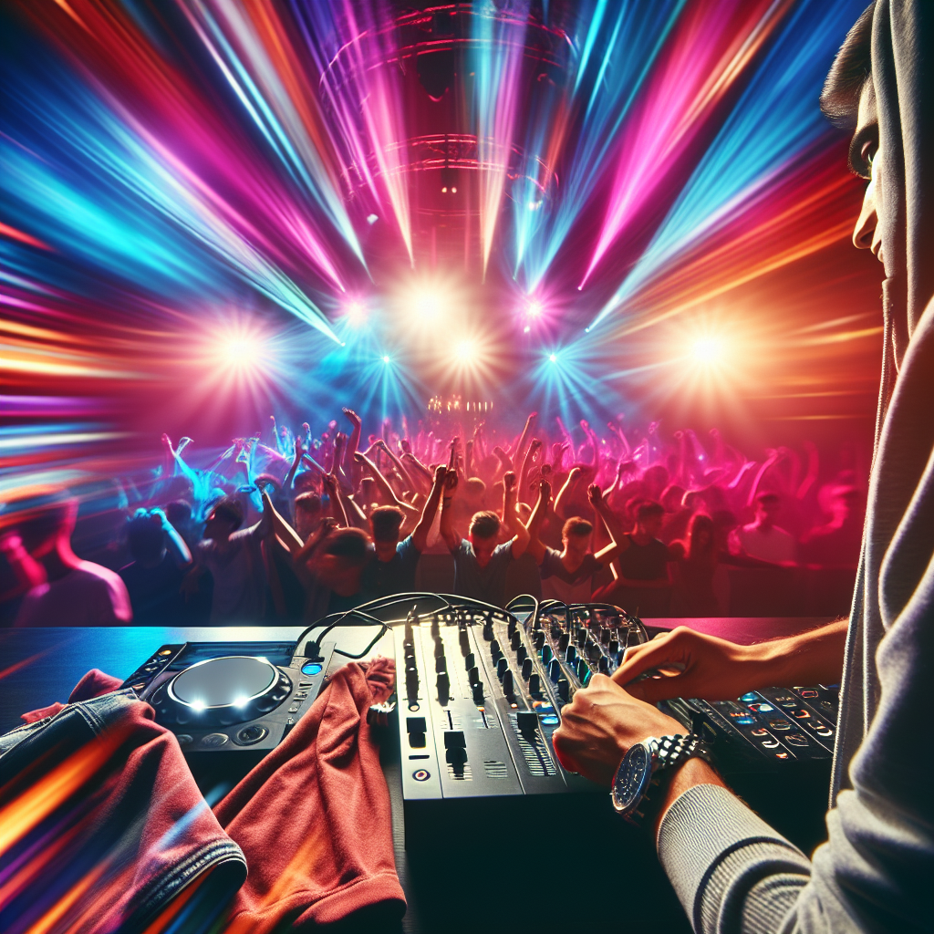 Un DJ urbano actuando en un escenario vibrante, luces de colores y una multitud animada disfrutando del evento, sin m…