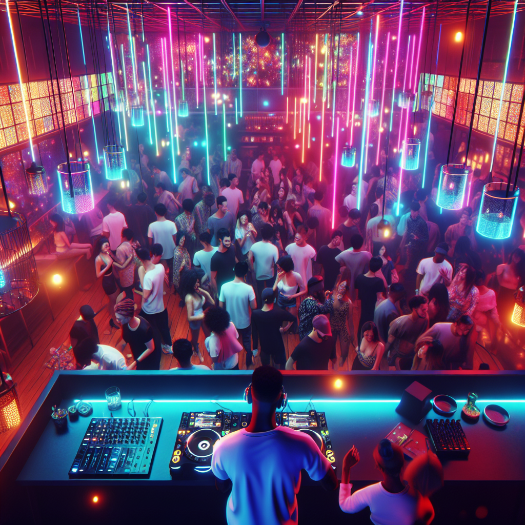 Vista general de una discoteca moderna, con luces de neón y DJ en cabina. El ambiente refleja energía y emoción a tra…
