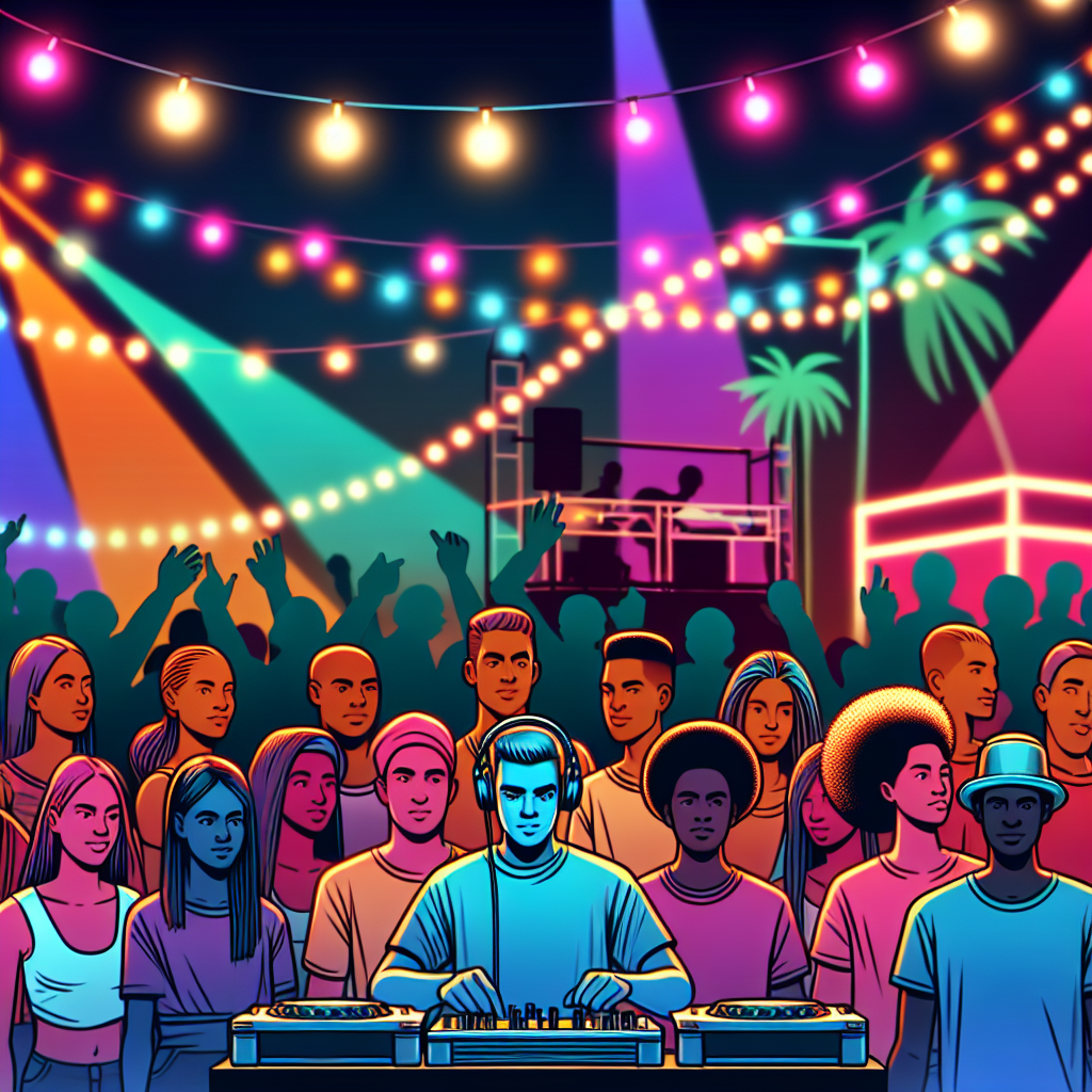 Ilustración de un DJ urbano en un festival al aire libre, luces de neón vibrantes reflejándose en la multitud, con la…