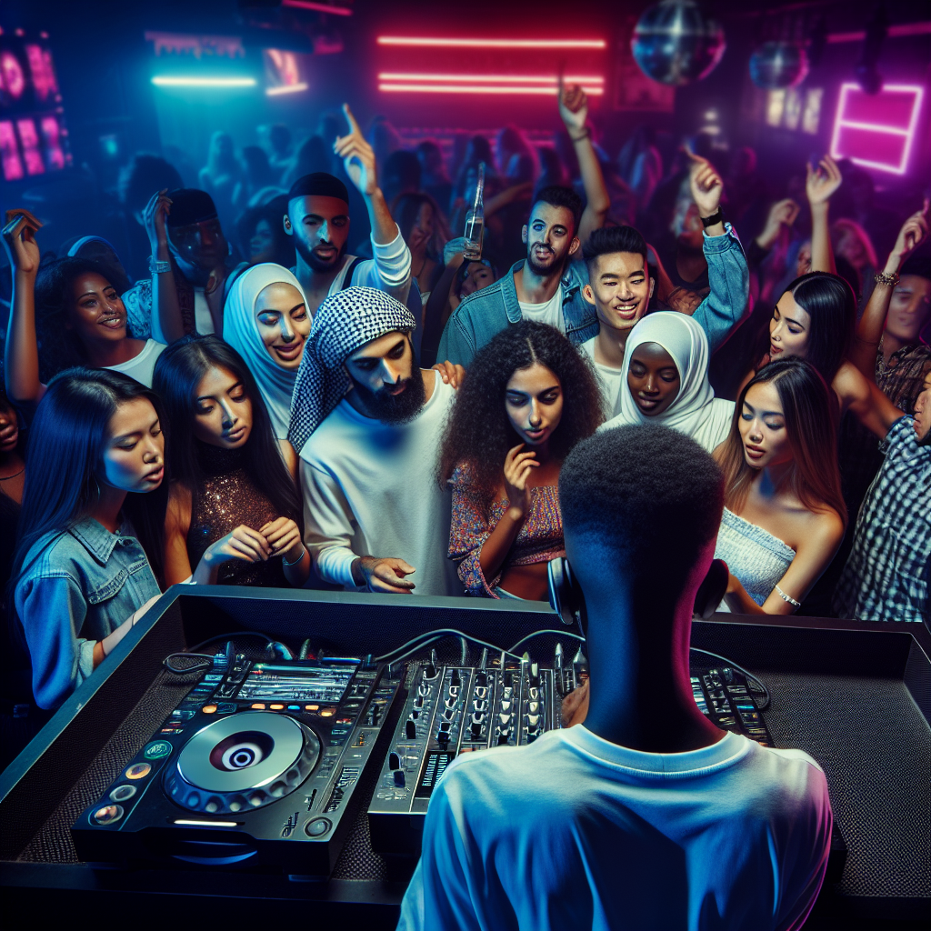 Una cabina de DJ en un club nocturno iluminado con luces de neón, el DJ de espaldas en acción, rodeado de una multitu…