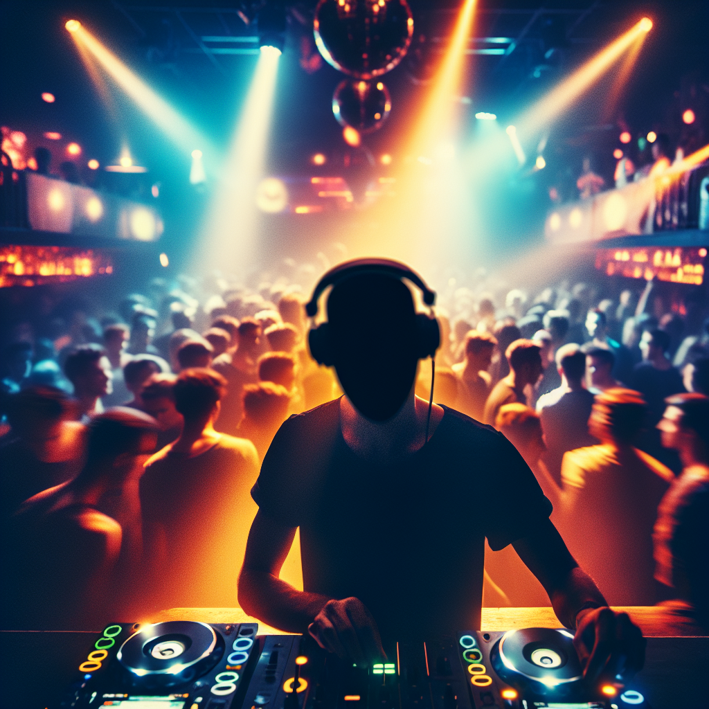Un DJ mezclando música en una discoteca llena de luces de colores y una multitud danzante, capturando la energía vibr…