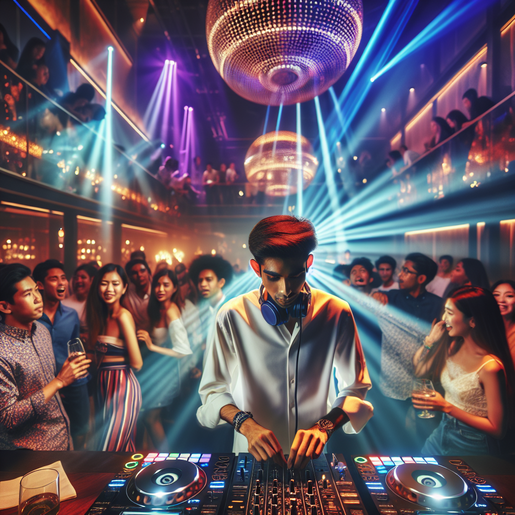 Un DJ urbano en un evento nocturno, con luces brillantes de discoteca, gente disfrutando de la música. Ambiente moder…