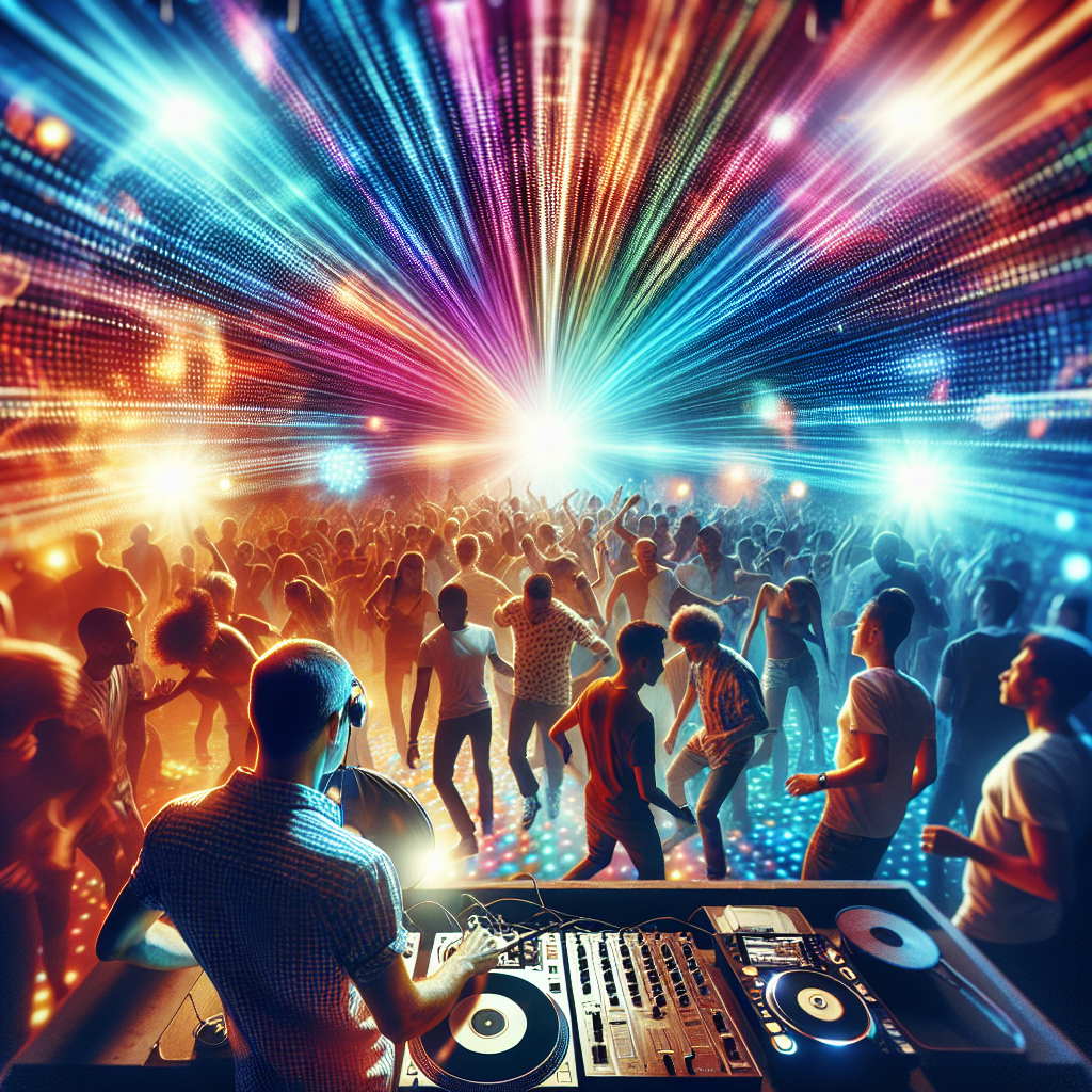 Un DJ urbano en una cabina, con luces de discoteca brillando y una multitud disfrutando, ambiente moderno y enérgico.
