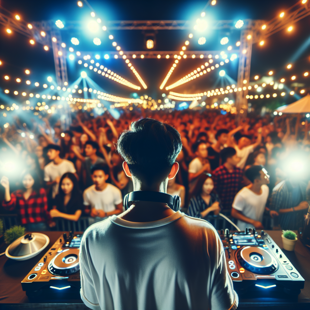 Un DJ urbano en un evento al aire libre con luces y una multitud disfrutando, en una atmósfera vibrante y energética.