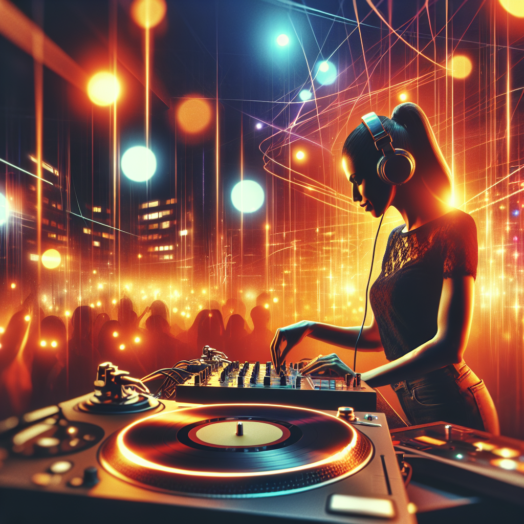 Una escena moderna y vibrante de un DJ actuando en un club urbano, luces de colores cálidos iluminando el ambiente, m…