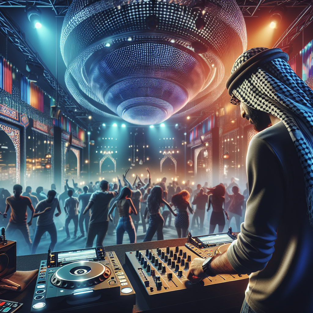 Un DJ frente a una mesa de mezclas en un club urbano vibrante, con luces de colores y una multitud bailando, todo en …