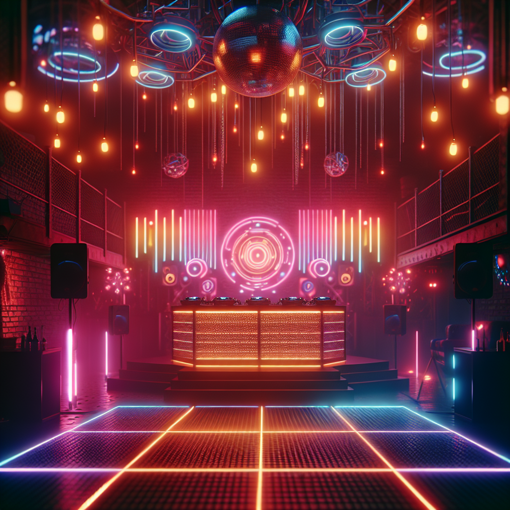 Escena nocturna en una discoteca con luces de neón y una cabina de DJ; sin mostrar rostros de personas.