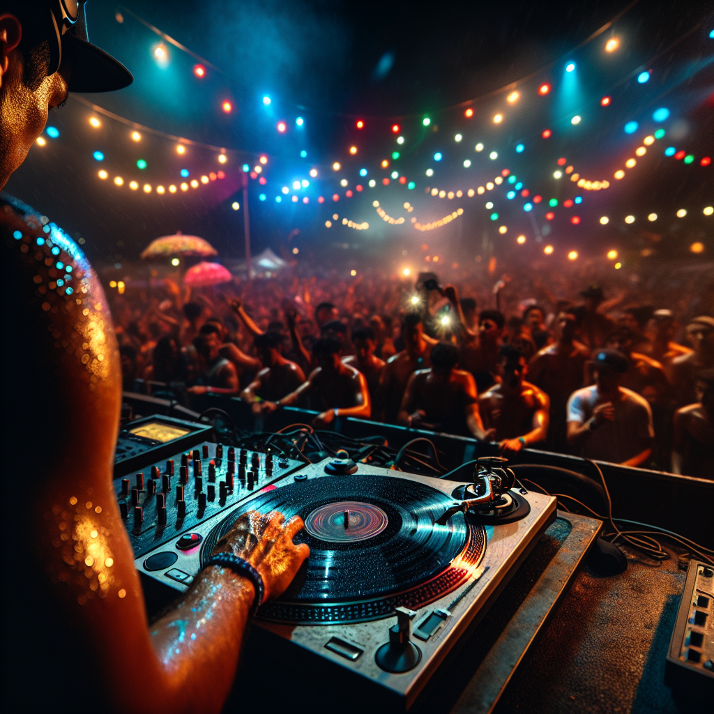 Una escena nocturna de un DJ urbano en un festival al aire libre, luces de colores iluminando a la multitud y un toca…