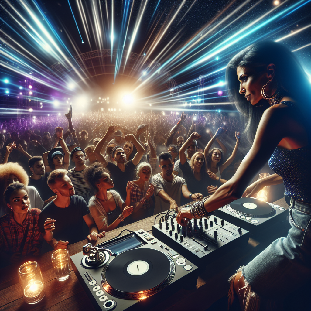 Escena de un DJ actuando en un festival con efectos de luces dinámicos y una multitud disfrutando del espectáculo.