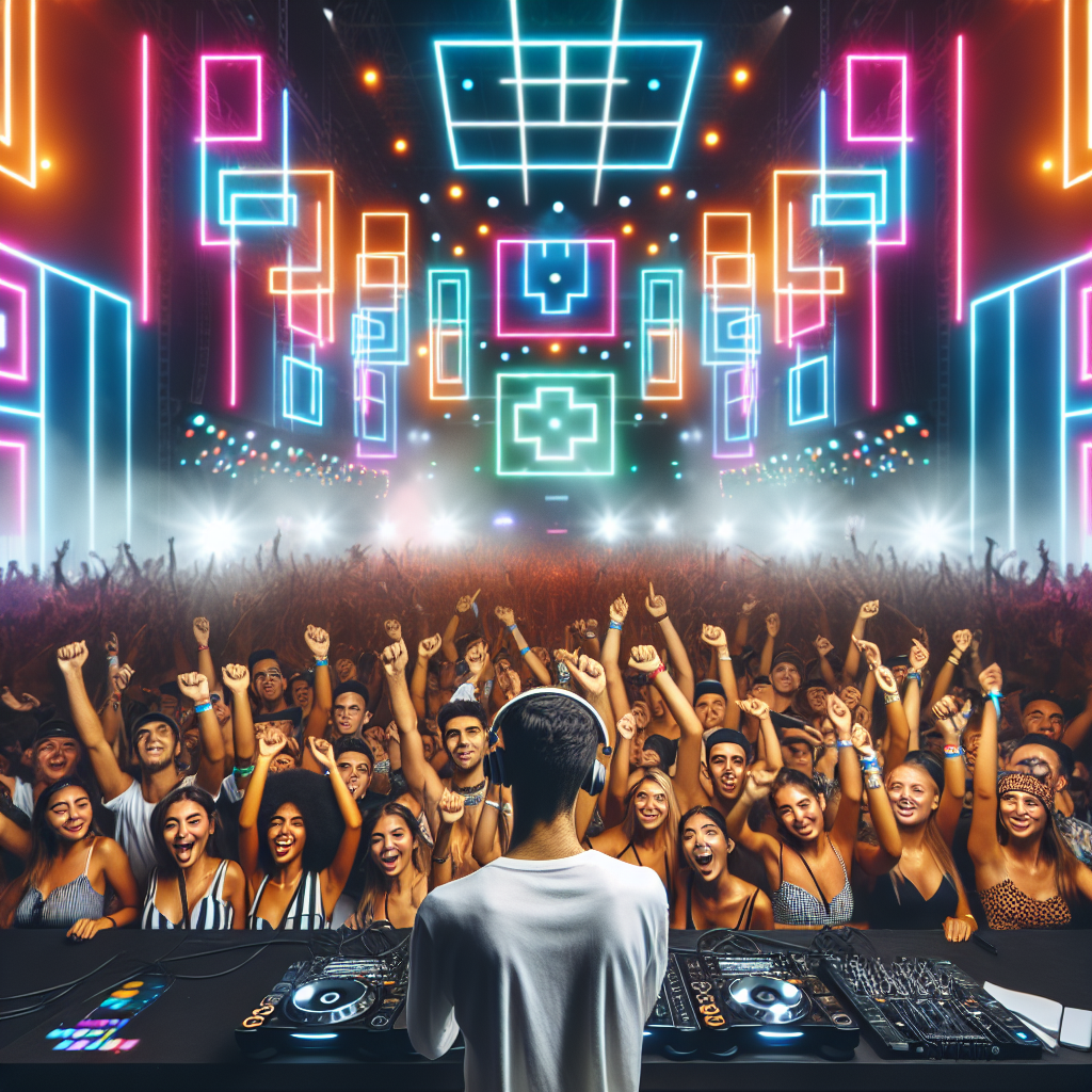 Un DJ urbano en el escenario de un festival, con luces brillantes y una multitud vibrante disfrutando del espectáculo.