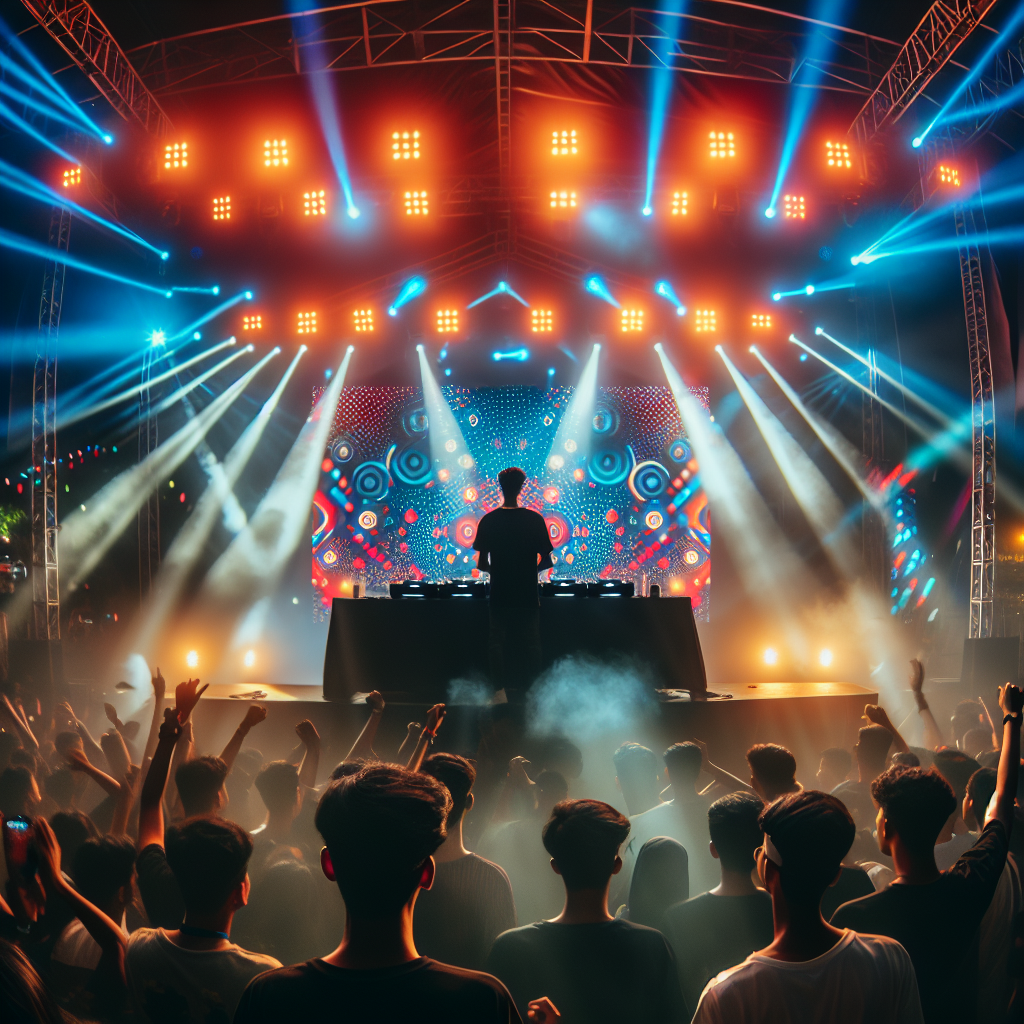 Un DJ urbano actuando en un escenario con luces LED vibrantes y una multitud animada, mostrando una atmósfera electri…