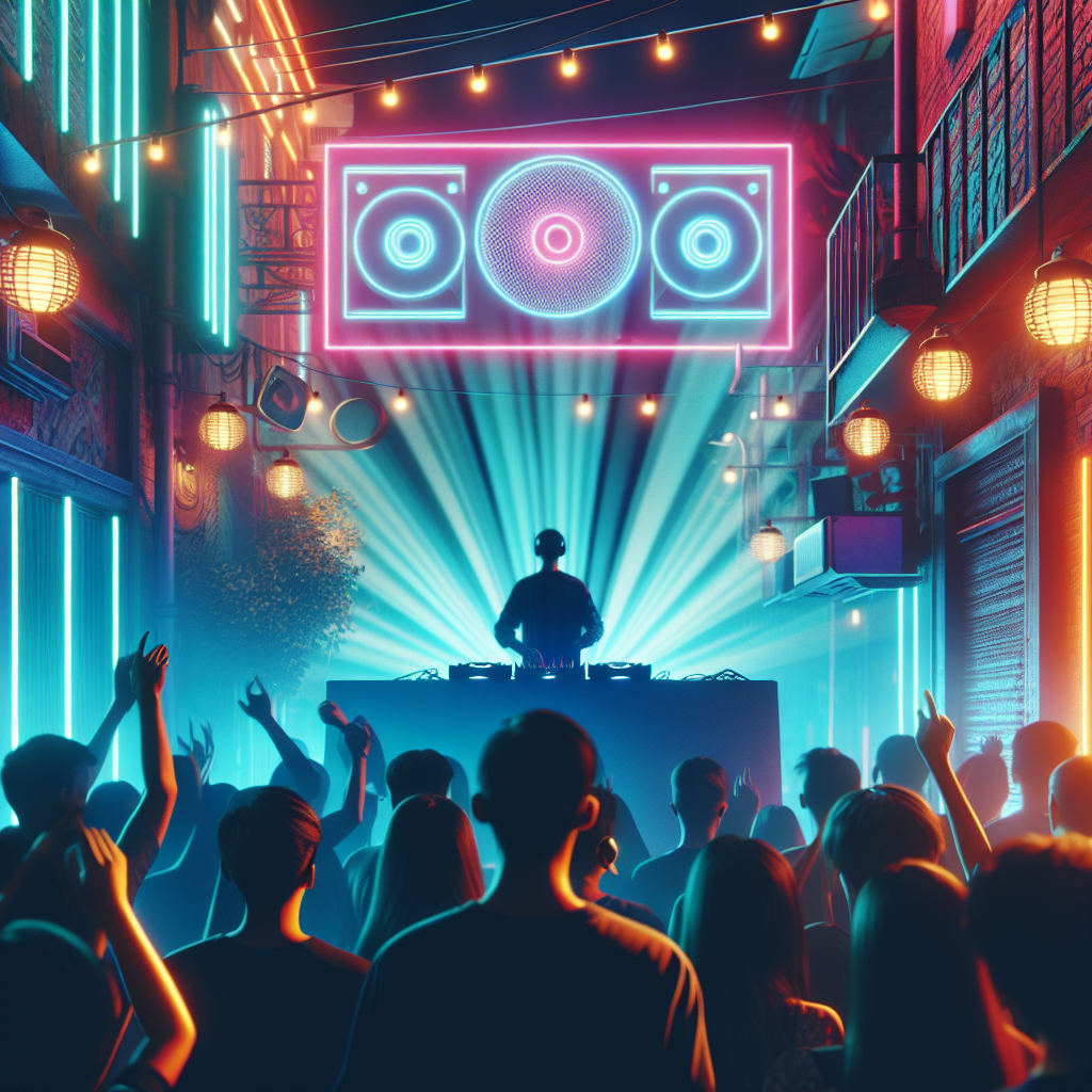 Un escenario de música urbano vibrante con luces de neón, un DJ mezclando música detrás de una consola, rodeado de un…