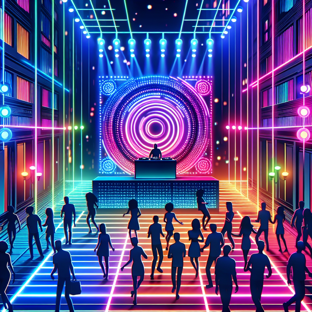 Escena urbana nocturna con luces de discoteca y DJ en acción, ambiente vibrante y moderno