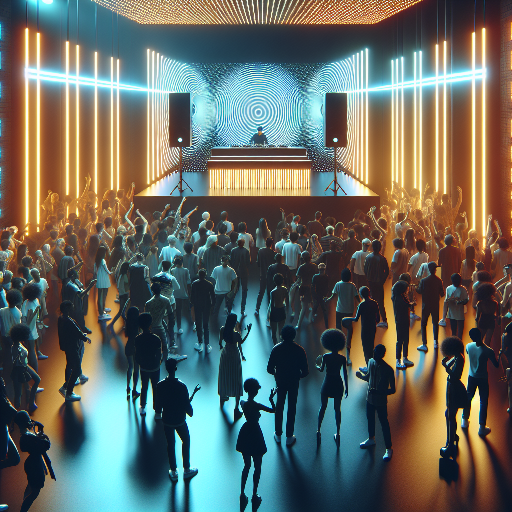 Una escena moderna con luces de neón y un DJ urbano en una cabina, rodeado por una multitud animada en una sala de co…