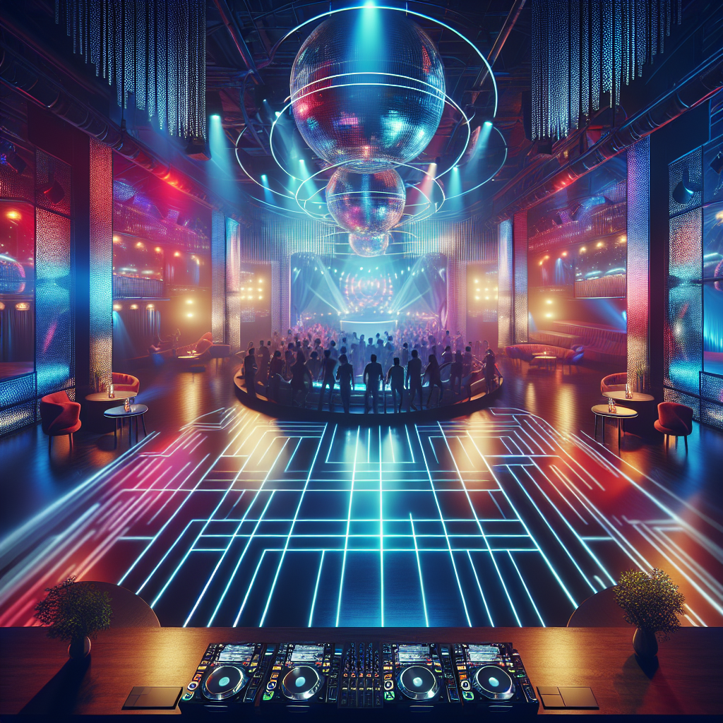 Una escena nocturna en una discoteca moderna llena de luces y equipos de DJ, transmitiendo energía y emoción en un am…
