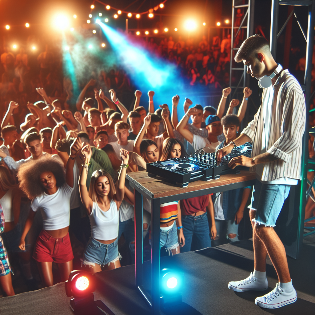 Un DJ urbano actuando en un festival al aire libre, el público bailando, luces de colores y un escenario moderno.
