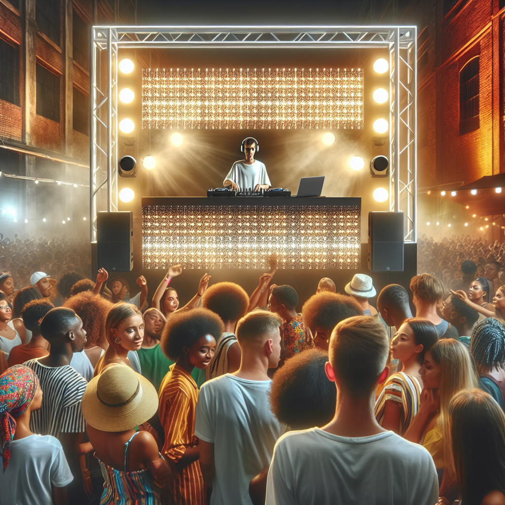 Una cabina de DJ moderna iluminada por luces LED, con una multitud disfrutando en segundo plano en un ambiente de fes…