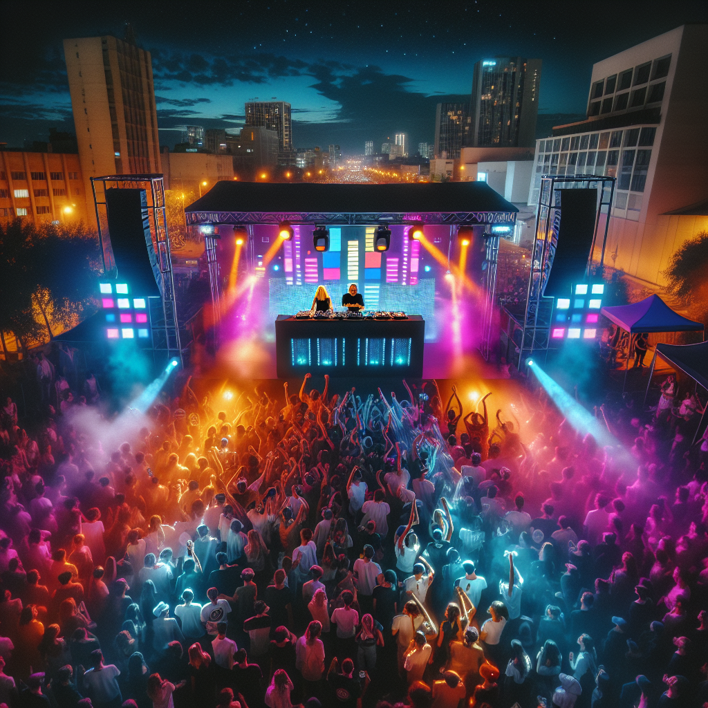 Una vista aérea de un festival urbano nocturno con luces multicolores; DJs en el escenario con el público bailando fr…