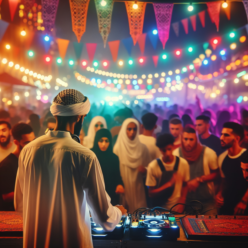 Una escena vibrante en un festival urbano nocturno, con luces de colores brillando y una multitud moviéndose al ritmo…