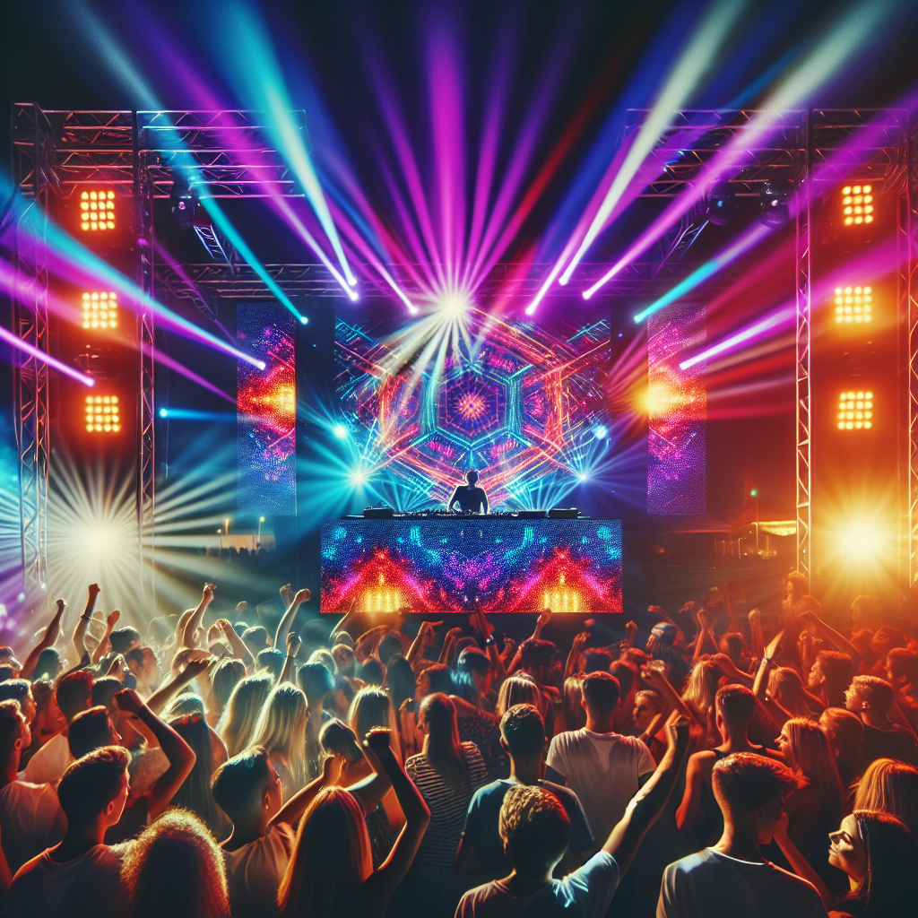 Una cabina de DJ moderna, luces de colores vibrantes, público emocionado moviéndose al ritmo de la música en un festi…