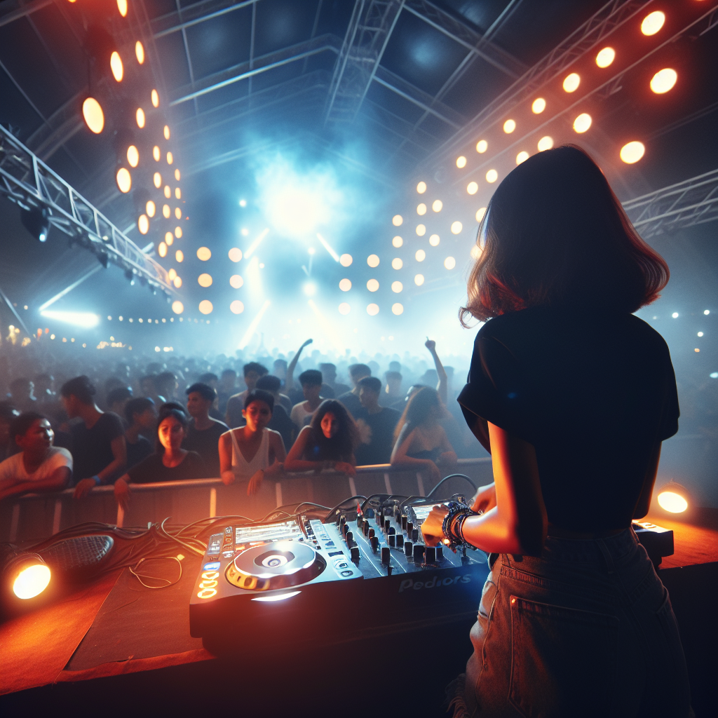 Una cabina de DJ iluminada con luces LED en un ambiente de festival, con el público de fondo y el DJ interactuando co…