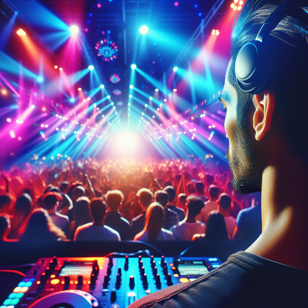 Una vista lateral de un DJ sobre un escenario iluminado, con efectos de luces coloridas rodeando una multitud vibrant…