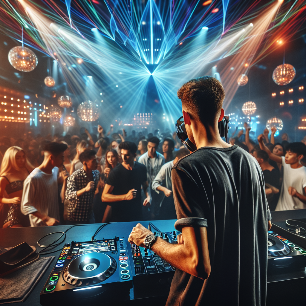 Un DJ tocando en una discoteca, luces y efectos visuales en movimiento, gente bailando de espaldas en la pista.
