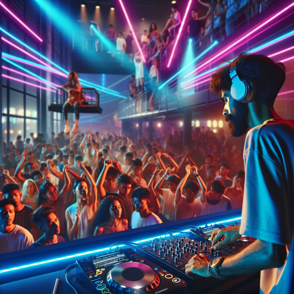 Un DJ urbano en un escenario iluminado por luces de neón, con un público animado disfrutando de la música, en un ento…
